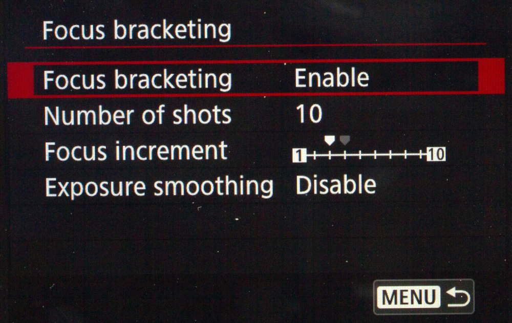 Focus bracketing settings of the Canon EOS 90D.