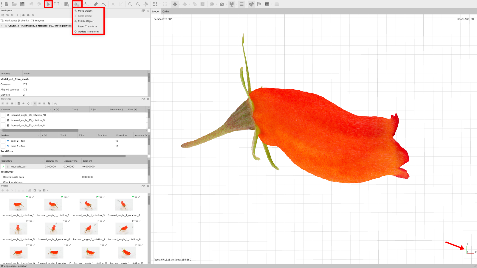 Object (model) orientation tools. Left box: *Navigation* tool. Left box group: Object orientation tools. Arrow: Desired 3D axes orientation.