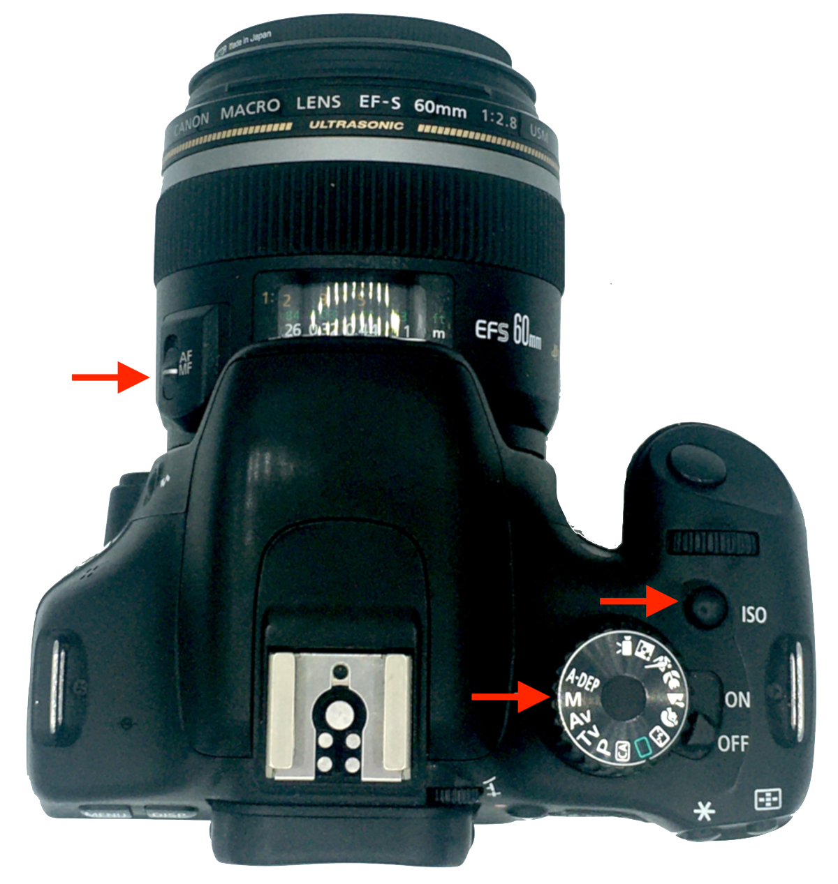 Camera (Canon T2i/550D) and lens (60mm f/2.8 Macro lens) used to take RAW photos. The red arrows (from top to bottom) depict the button to get manual focus, the ISO button and the Manual Exposure mode dial.