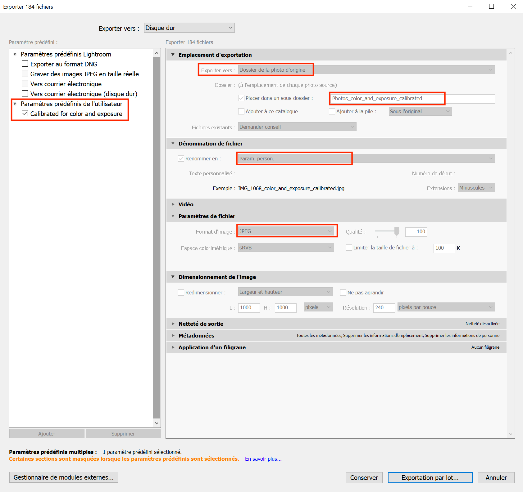 You can export using your own personalized parameters and then export in batch your selection in a specific folder within your folder of uncalibrated photos for easy access. This method can thus work for any folder of uncalibrated photos.